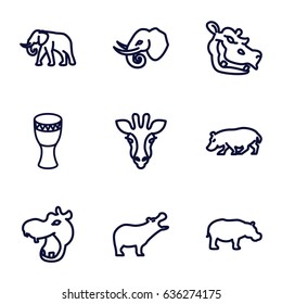 African icons set. set of 9 african outline icons such as giraffe, hippopotamus, elephant
