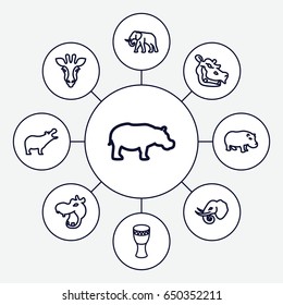 African icons set. set of 9 african outline icons such as giraffe, hippopotamus, elephant