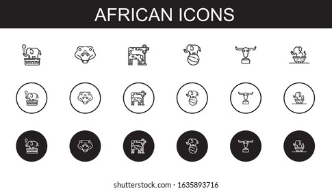 african icons set. Collection of african with elephant, crocodile, giraffe, buffalo. Editable and scalable african icons.