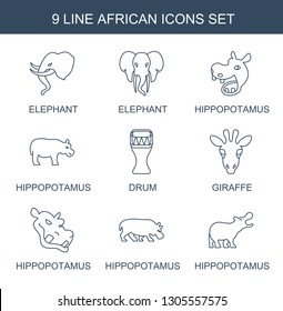 african icons. Trendy 9 african icons. Contain icons such as elephant, hippopotamus, drum, giraffe. african icon for web and mobile.