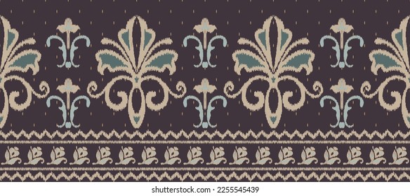 African Ikat damask embroidery on brown background.geometric ethnic oriental seamless pattern traditional. Ikat Aztec style abstract vector.design for texture,fabric,clothing,saree,decoration,sari.