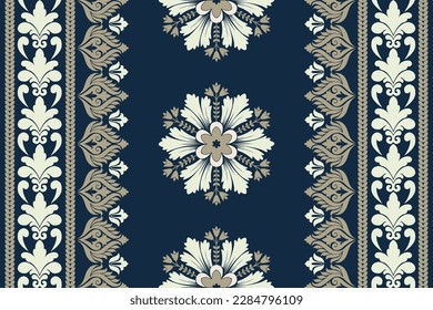 African Ikat floral paisley embroidery on navy blue background.geometric ethnic oriental pattern traditional.Aztec style abstract vector illustration.design for texture,fabric,clothing,wrapping,scarf.