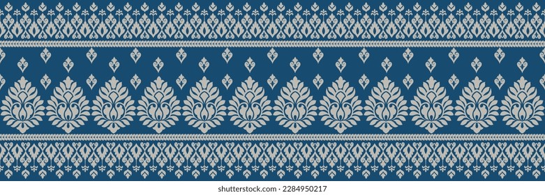 Borrador paisajista floral Ikat africano sobre fondo azul marino.patrón geométrico étnico oriental tradicional.Ilustración vectorial abstracta estilo azteca.diseño para textura, tela, ropa, envoltura, pañuelo.