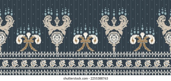 African Ikat Flower embroidery on blue background.geometric ethnic oriental seamless pattern traditional. Ikat Aztec style abstract vector.design for texture,fabric,clothing,saree,decoration,sari.
