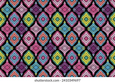 African Ikat paisley embroidery on brown background.geometric ethnic oriental seamless pattern traditional.Aztec style abstract vector.