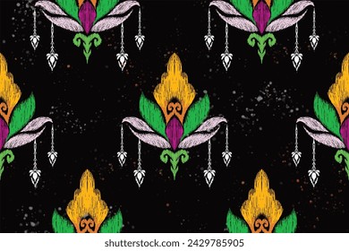 African Ikat paisley embroidery on navy blue background.geometric ethnic oriental seamless pattern traditional.Aztec style abstract vector.design for texture,fabric,clothing.