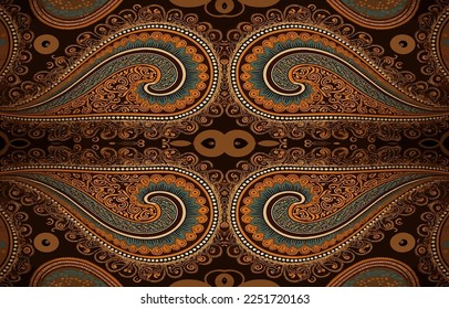 African Ikat paisley seamless pattern brown tone. Abstract traditional folk antique graphic paisley line. Texture textile vector illustration ornate elegant luxury vintage retro style.