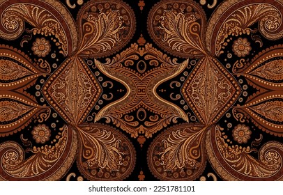 El ikat africano paisley combina un tono marrón sin fisuras. Resumen de la línea de paisley tradicional de época folclórica. Ilustración textil de vectores ornamentan elegante estilo retro vintage de lujo.
