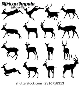African impala silhouettes vector illustration set.