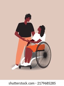 African inclusive couple isolated, flat vector stock illustration as Juneteenth community, woman in wheelchair