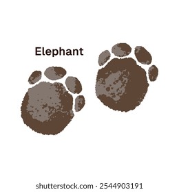 Traços de elefante africano ou indiano com inscrição. Impressão de silhuetas de patas no chão. Pegadas de animais selvagens, rastros. Ícone de trilhas da vida selvagem. Ilustração de vetor isolado plano sobre fundo branco.