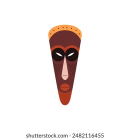 African or Indian tribal mask brown ornament painted vector flat icon. Decorative carved wooden mask. Cartoon ancient craft idol, aborigine face totem. Aztec ethnic culture, ritual symbol