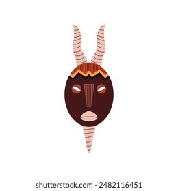 African or Indian tribal mask with horns, decorative carved wooden mask vector flat icon. Cartoon ancient craft idol, aboriginal face totem. Aztec ethnic culture, ritual symbol