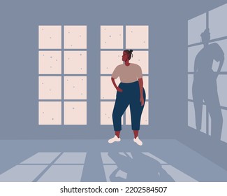 African indoor woman watching at snowfall from window in evening, flat vector stock illustration with room with shade, concept of winter and snow