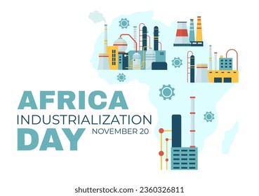 African Industrialization Day Vector Illustration of Factory Building Operating with Chimneys in the Center of the City in Flat Cartoon Background