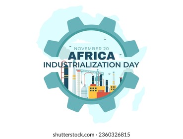 African Industrialization Day Vector Illustration of Factory Building Operating with Chimneys in the Center of the City in Flat Cartoon Background