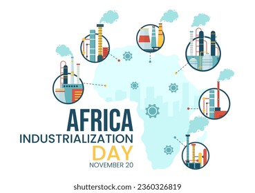 African Industrialization Day Vector Illustration of Factory Building Operating with Chimneys in the Center of the City in Flat Cartoon Background