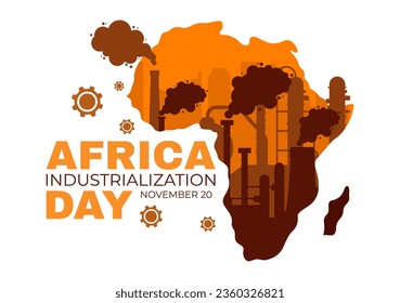 Vector del Día de la Industrialización Africana Ilustración del edificio de fábricas que funciona con chimeneas en el centro de la ciudad en fondo de caricatura plana