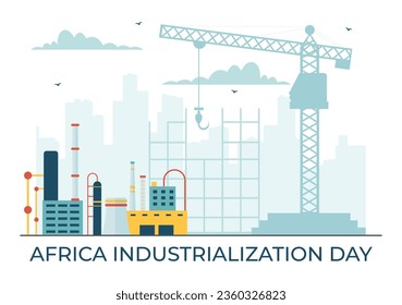 Afrikanische Industrialisierungstag - Vektorgrafik des Fabrikgebäudes, das mit Kimneys im Stadtzentrum auf flatCartoon-Hintergrund arbeitet