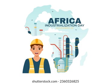 African Industrialization Day Vector Illustration of Factory Building Operating with Chimneys in the Center of the City in Flat Cartoon Background