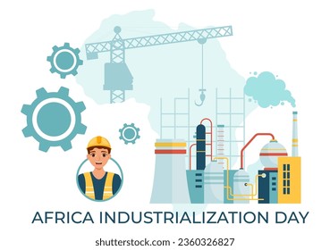 Vector del Día de la Industrialización Africana Ilustración del edificio de fábricas que funciona con chimeneas en el centro de la ciudad en fondo de caricatura plana