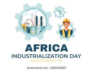 African Industrialization Day Vector Illustration of Factory Building Operating with Chimneys in the Center of the City in Flat Cartoon Background