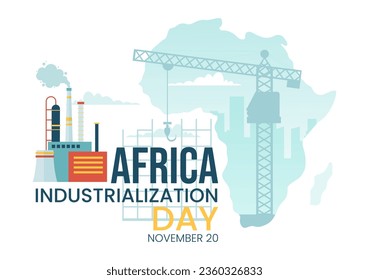 Vector del Día de la Industrialización Africana Ilustración del edificio de fábricas que funciona con chimeneas en el centro de la ciudad en fondo de caricatura plana