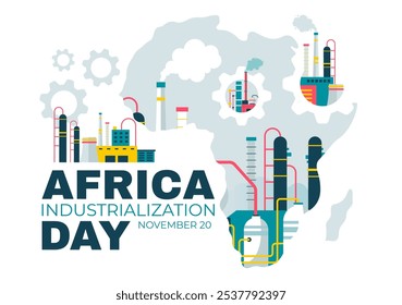 Afrikanischer Industrialisierungstag, Vektorgrafik eines Fabrikgebäudes mit im Stadtzentrum betriebenen Schornsteinen, auf ebenem Hintergrund