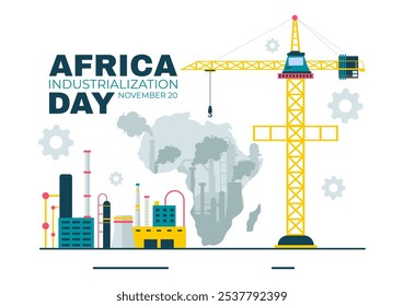 African Industrialization Day Vector Illustration of a Factory Building with Chimneys Operating in the City Center, Set in a Flat Style Background