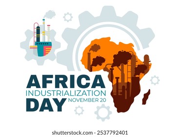 Afrikanischer Industrialisierungstag, Vektorgrafik eines Fabrikgebäudes mit im Stadtzentrum betriebenen Schornsteinen, auf ebenem Hintergrund