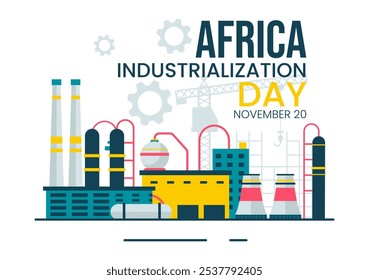 African Industrialization Day Vector Illustration of a Factory Building with Chimneys Operating in the City Center, Set in a Flat Style Background