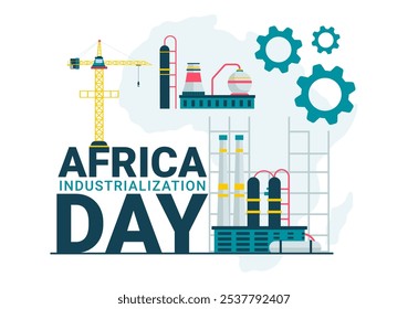 Ilustração do vetor do dia da industrialização africana de um edifício de fábrica com chaminés operando no centro da cidade, definido em um plano de fundo estilo