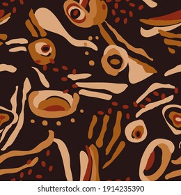 African inspired doodle pattern of eyes and paint strokes in rough bohemian style. Vector seamless pattern design for textile, fashion, paper, packaging, wrapping and branding
