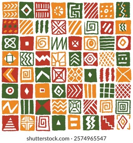 African inspired hand drawn square block tiles pattern with simple geometric lines and shapes. Bright colorful ethnic print, wallpaper, background design for Black History Month, Juneteenth, Kwanzaa