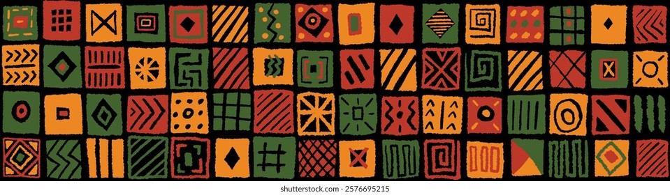 African inspired hand drawn square block tiles pattern with simple geometric lines and shapes. Bright colorful ethnic print, wallpaper, background design for Black History Month, Juneteenth, Kwanzaa