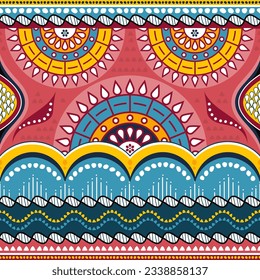 African inspired wax vector seamless pattern, Batic textile design with floral mandalas - traditional ornament from Kenya, West and Central Africa. 
Floral tribal clothing fabric background 
