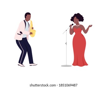 African jazz band flat color vector faceless character set. Saxophone player. Woman singer. Blues live performance isolated cartoon illustration for web graphic design and animation collection