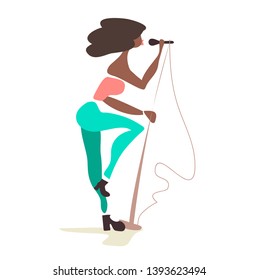 African jazz singer - black girl singing into a  microphone and dancing. Profile view. Minimalist vector illusration. For web, poster,flyer,t-shirt. Isolated. White background.