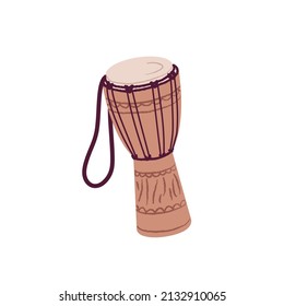 African jembe drum. Ethnic folk wooden djembe. Traditional indigenous percussion music instrument from wood and ropes. Flat vector illustration isolated on white background