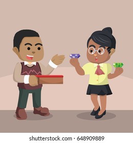 african jeweler bargaining with woman