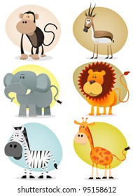 African Jungle Animals Collection/ Illustration of a set of cartoon animals from african savannah, including lion,  elephant,giraffe, gazelle, monkey and zebra