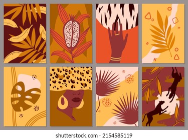 African jungle, animals in contemporary art vector illustration. Abstract silhouettes and female portrait, exotic fruit, leaves and plants for social media, postcards and promotion invitation cards
