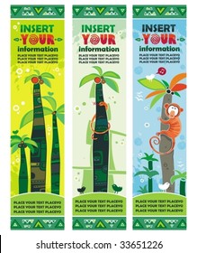 African jungle banners set with palm trees, monkey, snake, birds. With space for your text.