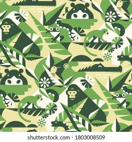 African jungle seamless pattern with gorilla, birds, hippo, monkey. crocodile, frog, snake, leaves and flowers. Perfect for camouflage fabric, textile, wallpaper. Animal design geometric pattern.