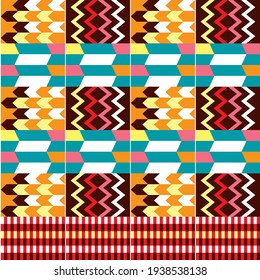 Estilo de telas Kente africano vectorial sin fisuras, diseño tribal de nwentoma con motivos geométricos. Resumen de diseño repetitivo vibrante, estilo de tela de barro Kente nativo del Akan