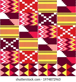 African Kente nwentoma cloth style vector seamless pattern, red, brown and pink design with zig-zag and geometric shapes inspired by Ghana tribal fabrics or textiles 
