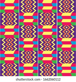 African Kente style vector seamless textile pattern, tribal design inspired by textiles from Africa. Abstract zig-zag vibrant repetitive design, Kente mud cloth style native to the Akan group