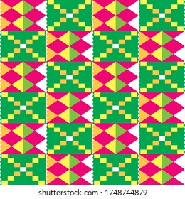 African Kente tribal geometric seamless pattern, traditional nwentoma cloth style vector textile design in pink and green. Abstract repetitive design, Kente mud cloth style native to the Akan group