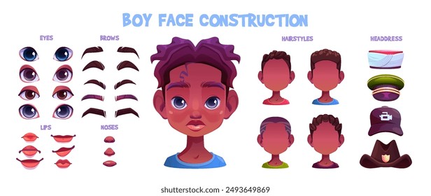 African kid boy avatar construction kit. Cartoon vector set of different eyes and noses, lips and eyebrows, haircuts and color of hair for child face generator. Male character portrait constructor.