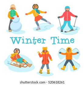 African kids play snow. Children in warm clothes play winter outdoor games. Boy makes snowman, snow angel, skiing, girl skating on ice, playing snowballs, slides on sled. Vector cartoon